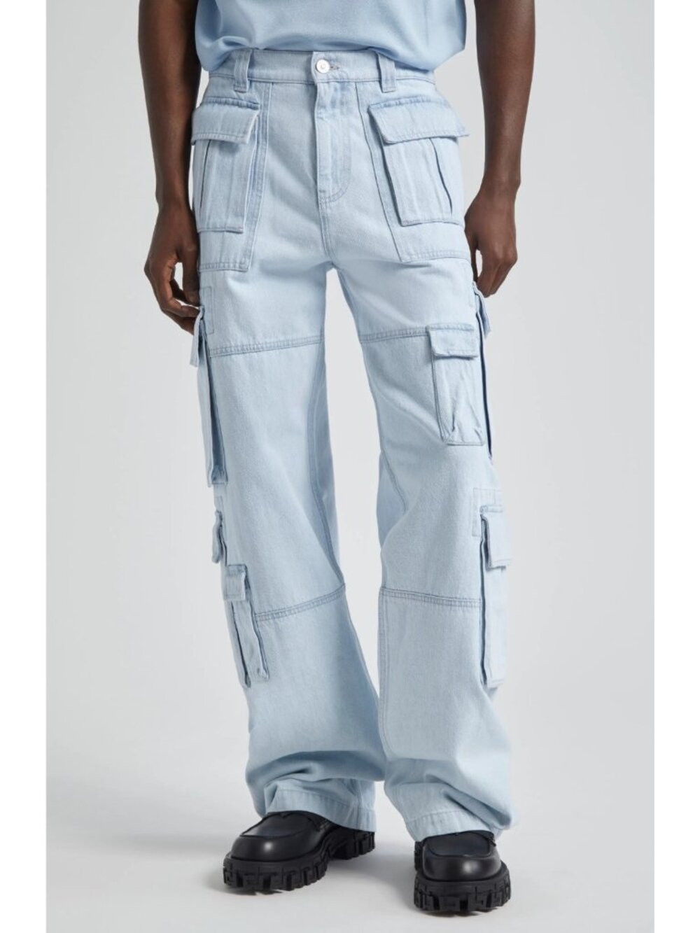 $1650 Versace Mens Nonstretch Denim Wide Leg Cargo Jeans Light Blue Ice Size 34